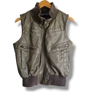 Paper Tee Vest Womens Size XL Olive Green Faux Leather Zip Front Pockets